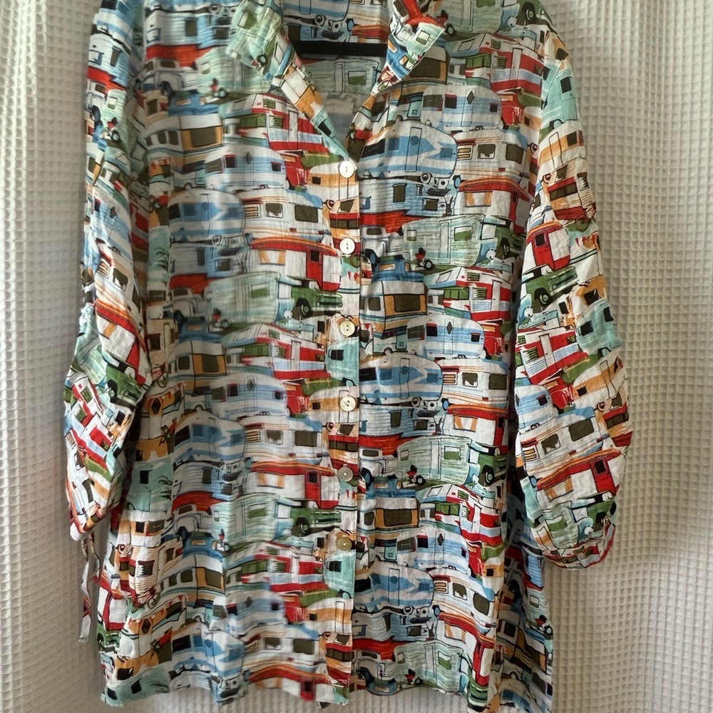 John Mark Multicolor Camper Print women’s Button Down Shirt tunic